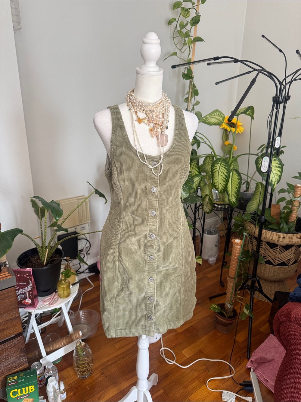 Olive Green Button-Front Corduroy Dress 100% cotton Medium